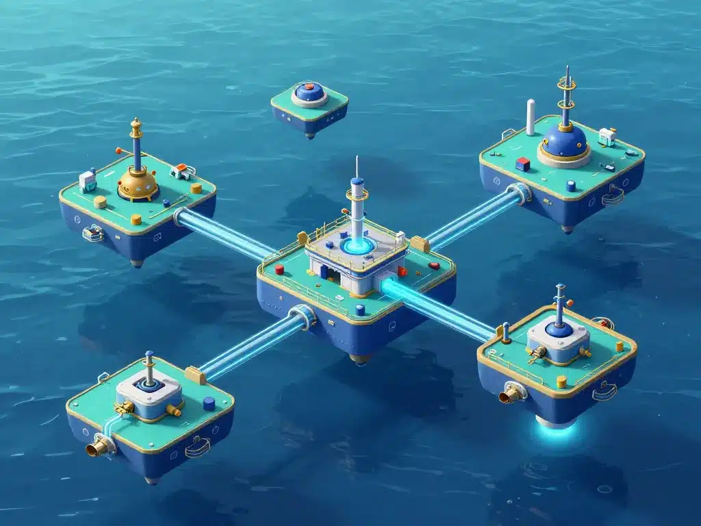 deep offshore technology : schéma concept de plateformes flottantes et architecture subsea