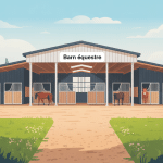 Illustration des barns équestres modernes, allée centrale et environnement rural