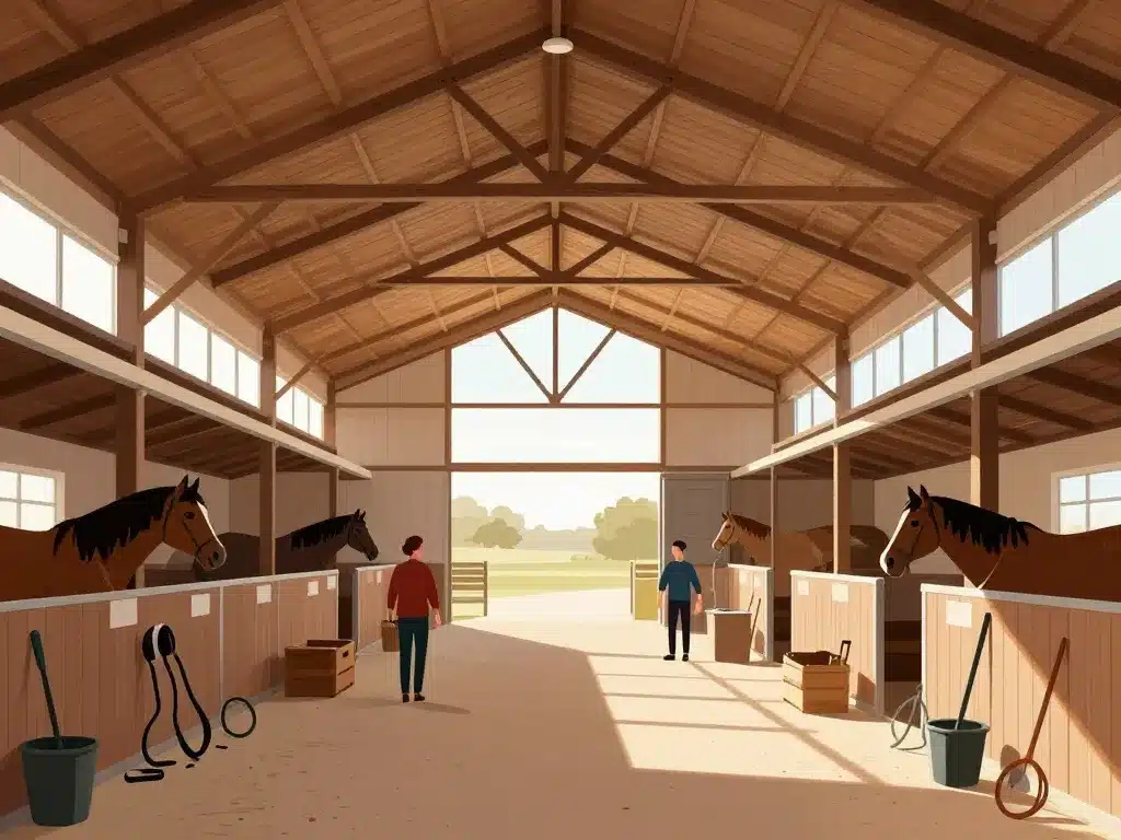 Vue intérieure des barns avec boxes chevaux et équipements agricoles