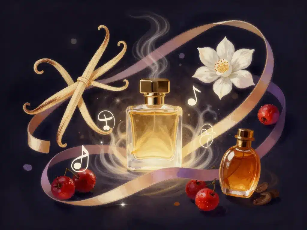 Univers olfactif midnight love parfum, notes vanille fruits rouges fleurs blanches