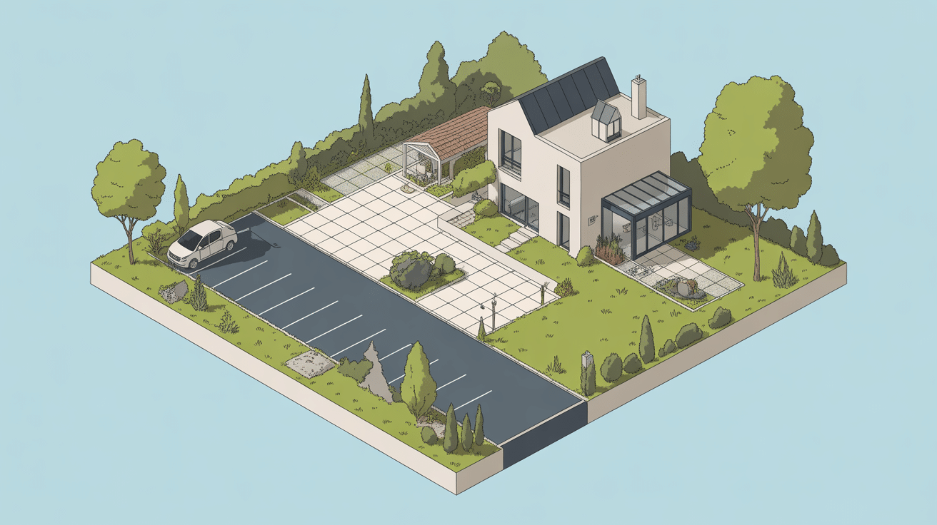 illustration terrain 200m2 maison moderne parking jardin