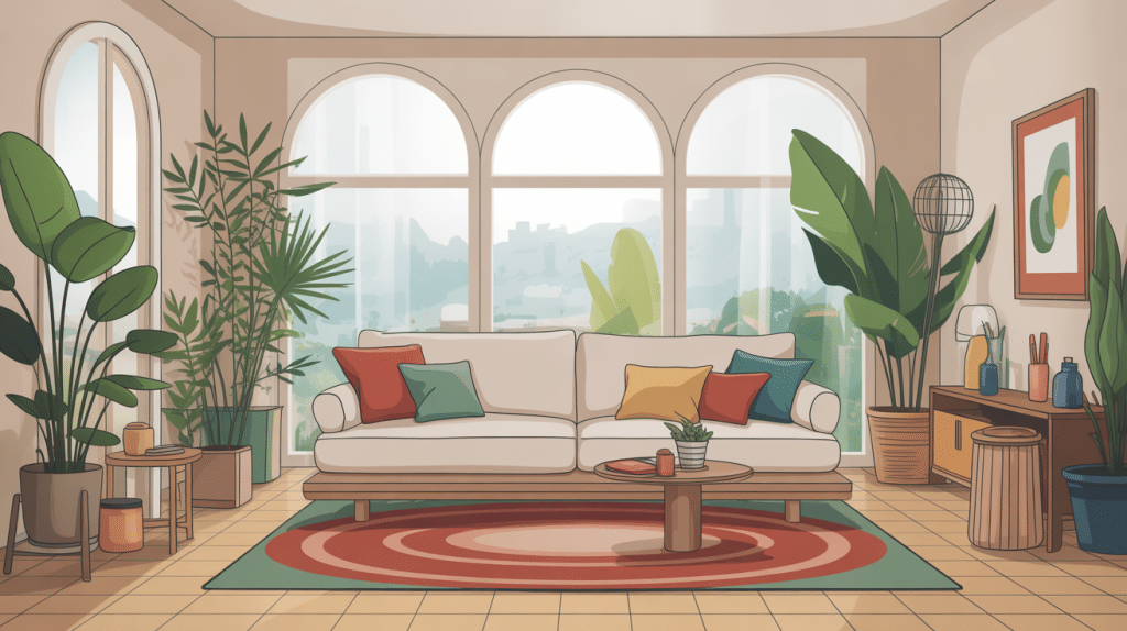 Salon moderne avec canapé palette intérieur, plantes et coussins