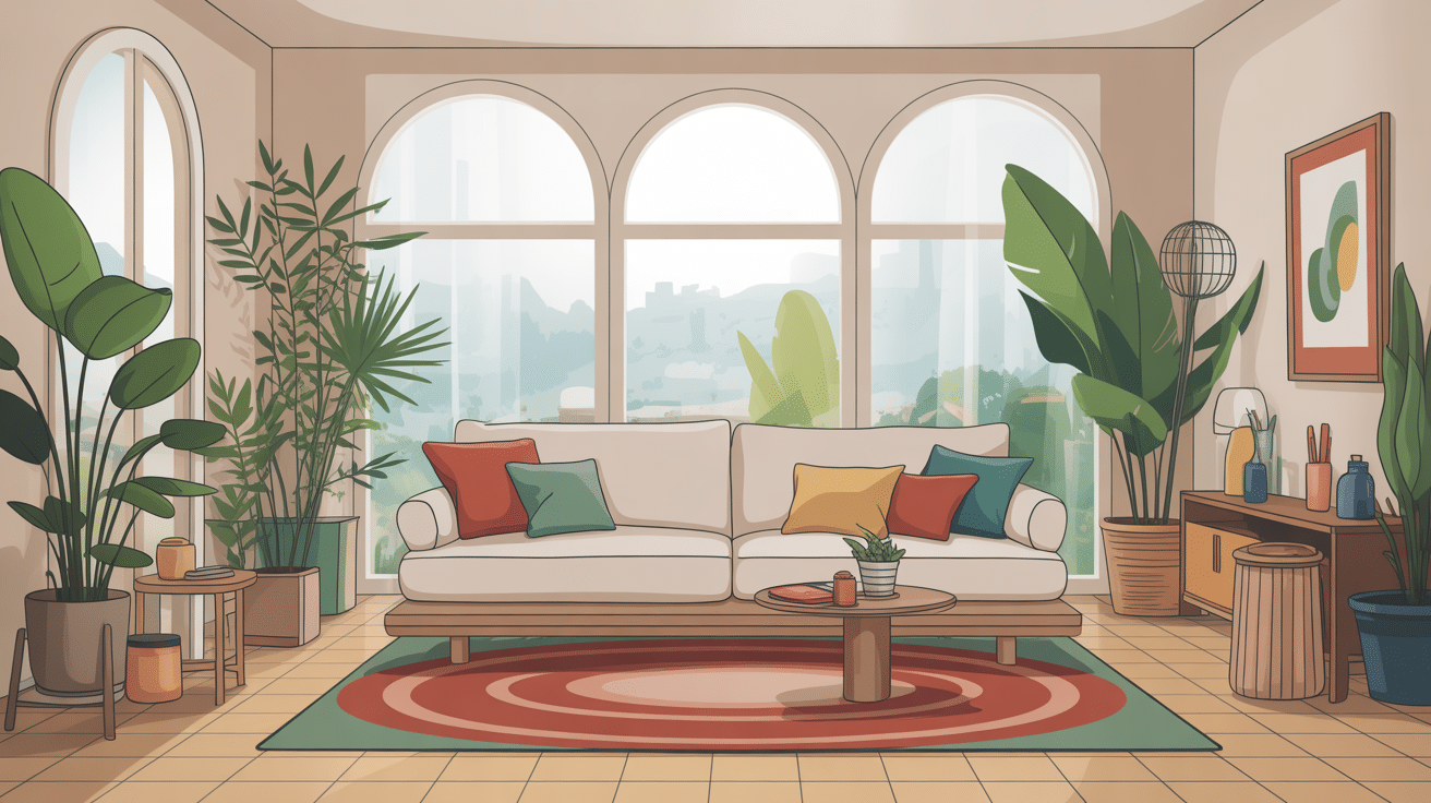 Salon moderne avec canapé palette intérieur, plantes et coussins