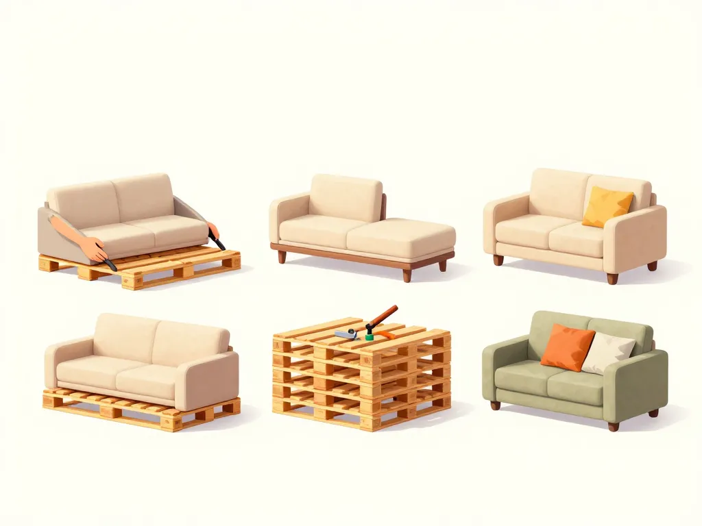 Étapes visuelles assemblage canapé palette intérieur