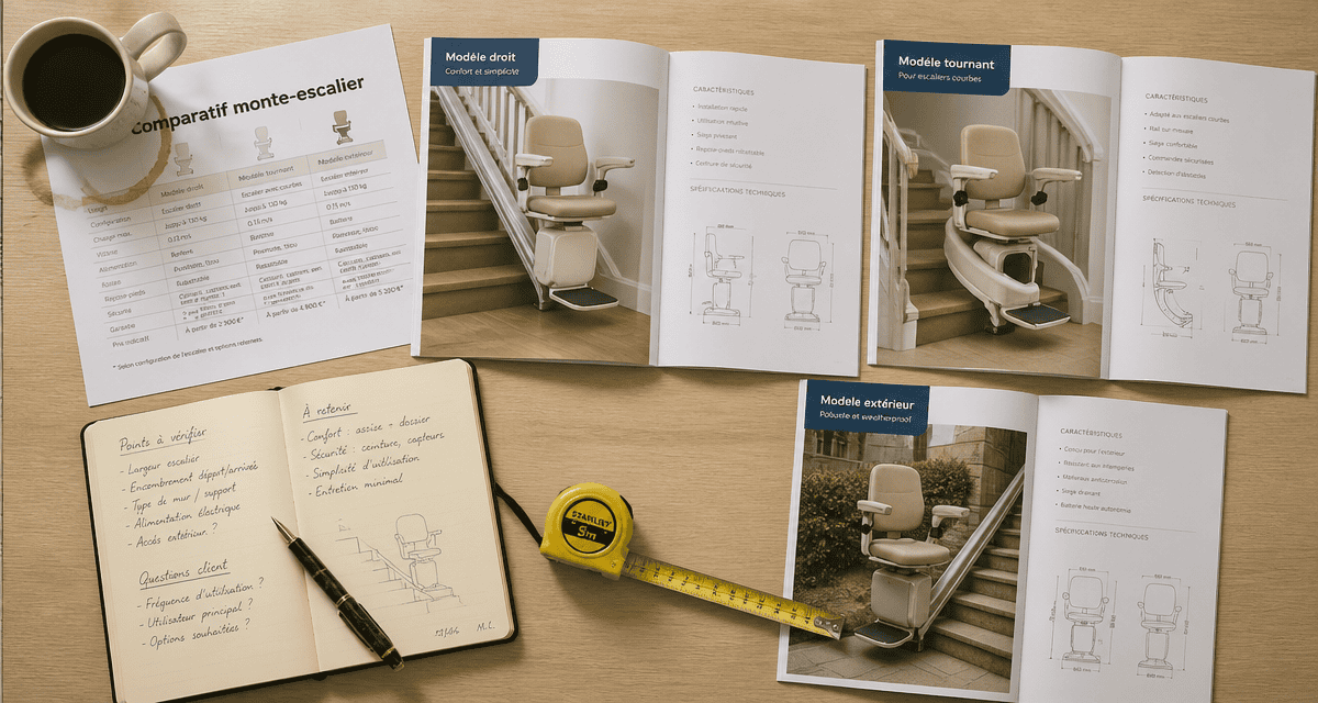 Comparatif monte escalier avec brochures et accessoires