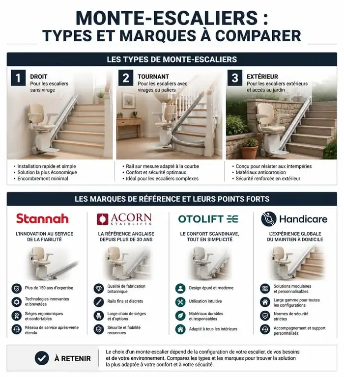 Infographie comparative des meilleures marques de monte-escalier pour choisir le modèle adapté