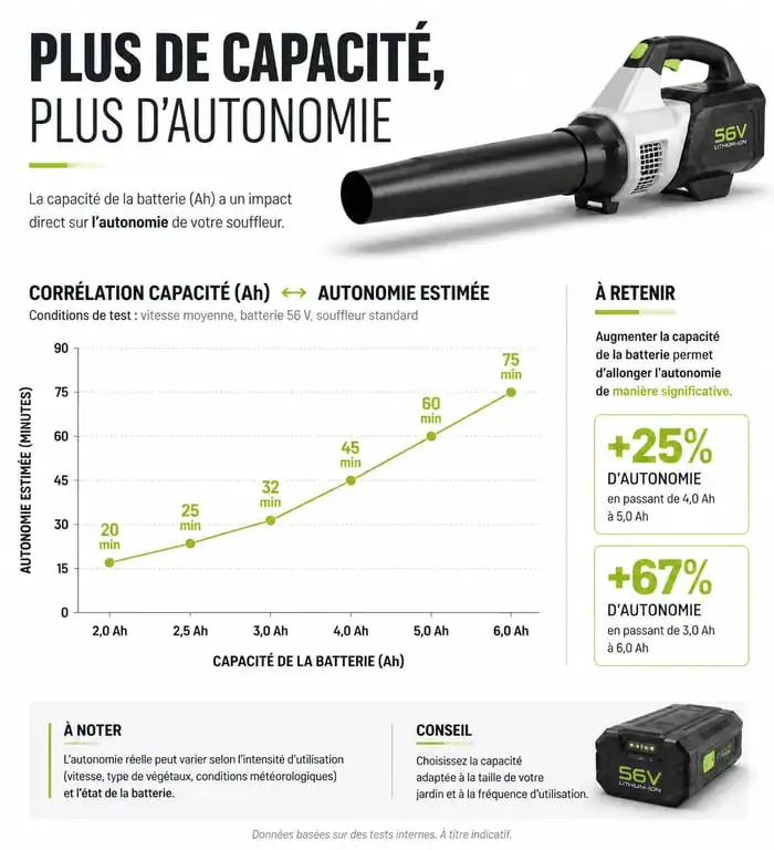 Infographie comparative de l'autonomie des batteries pour le meilleur souffleur sur batterie