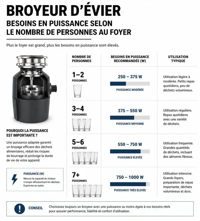 Infographie comparative puissance broyeur pour évier selon usage