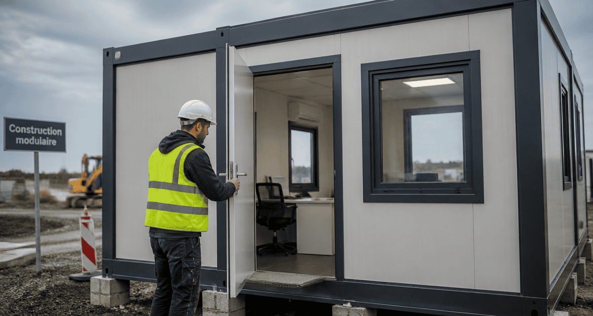 Ouvrier ouvre un bungalow préfabriqué sur chantier
