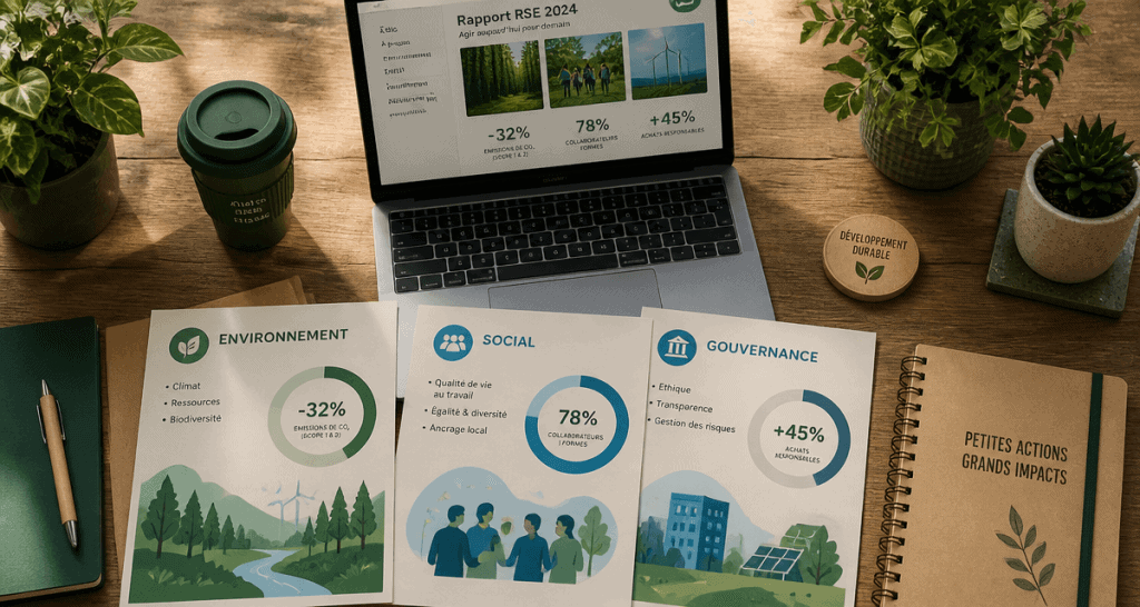 bureau entreprise du développement durable avec documents et ordinateur