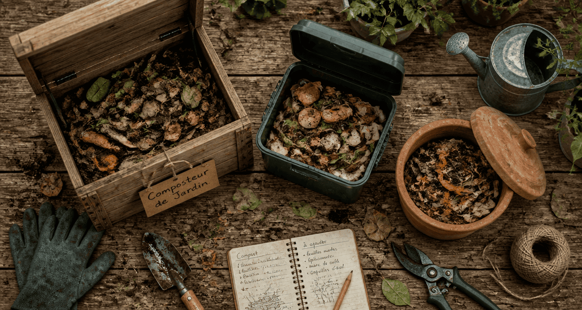 composteur jardin trois modèles sur plan de travail