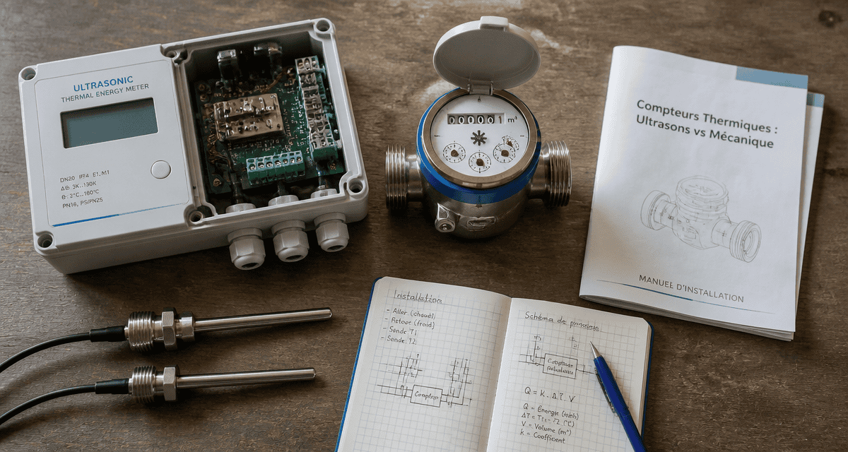 compteur d energie thermique ultrasons et mecanique sur bureau technique