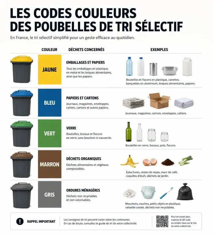 Infographie des couleurs des poubelles de tri sélectif en France pour le recyclage des déchets