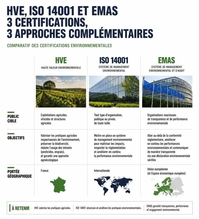 Infographie comparative des certifications environnementales HVE, ISO 14001 et EMAS