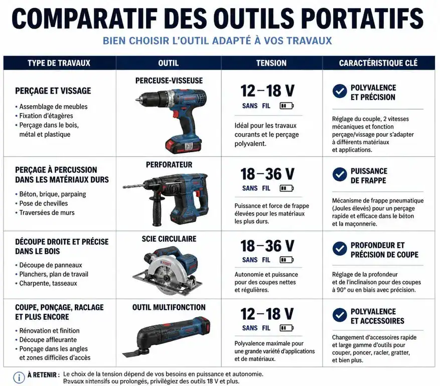 Tableau comparatif des outils portatifs : choisir son outillage selon les travaux