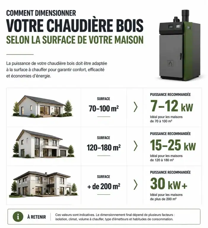 Infographie sur le dimensionnement d'une chaudière bois selon la surface de la maison