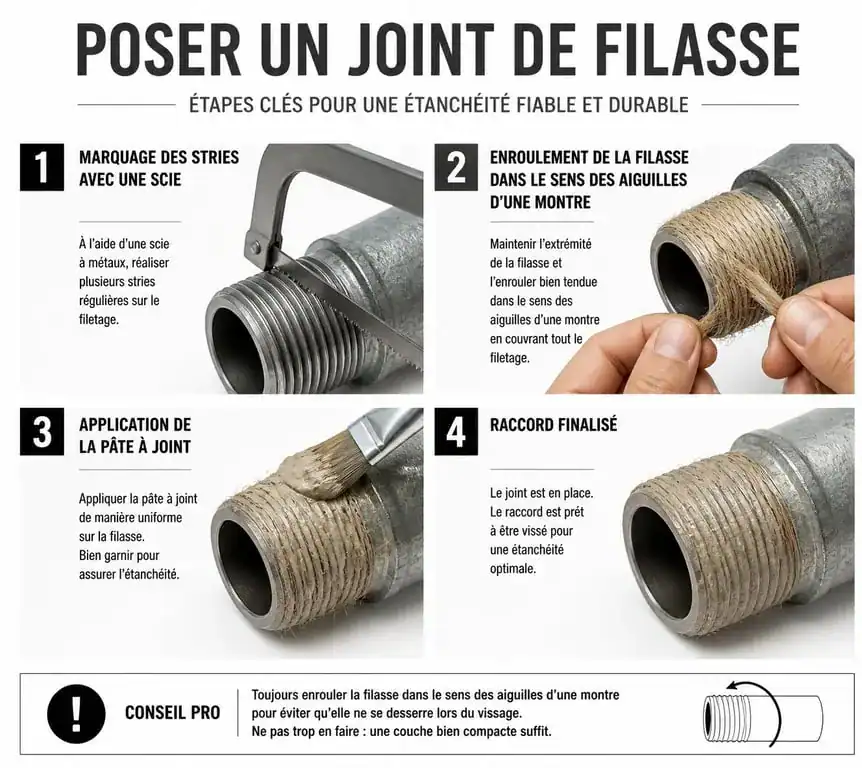 Étapes de réalisation d'un joint de filasse plomberie sur un raccord fileté