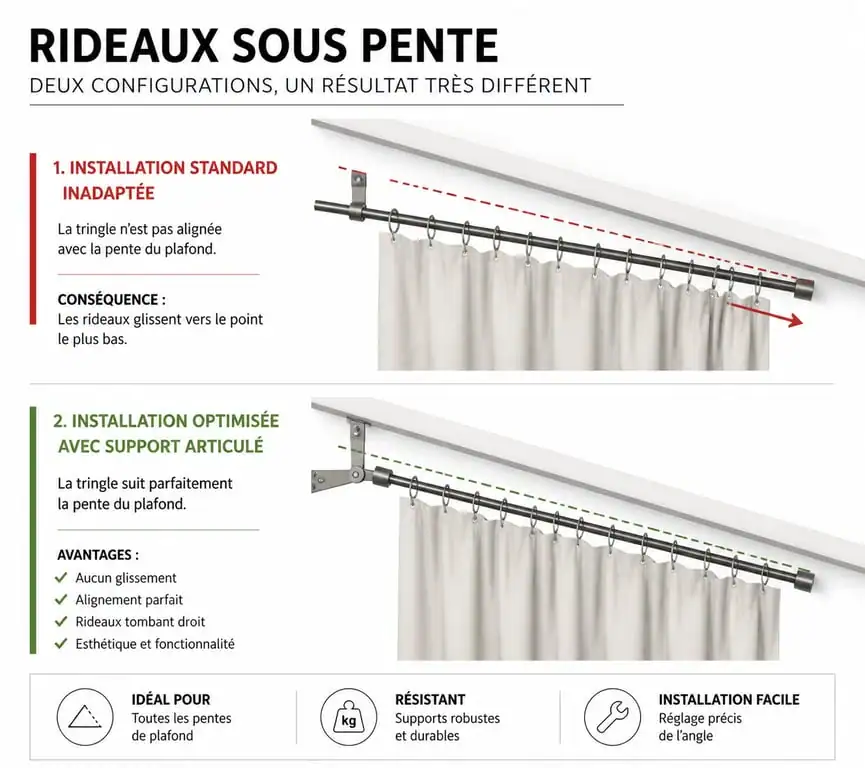 Schéma comparatif d'installation de tringle rideau sous pente
