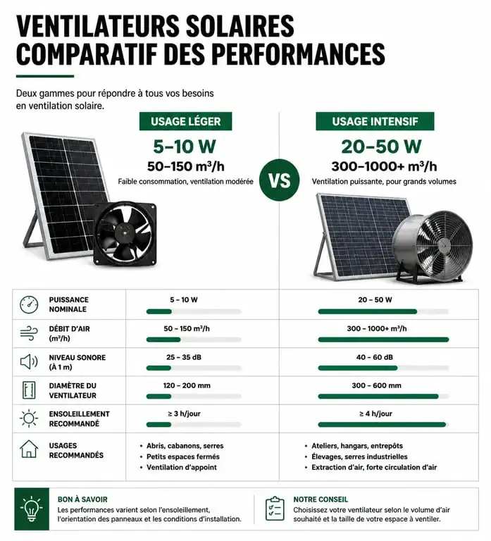 Infographie comparative des performances techniques d'un ventilateur panneau solaire selon l'usage