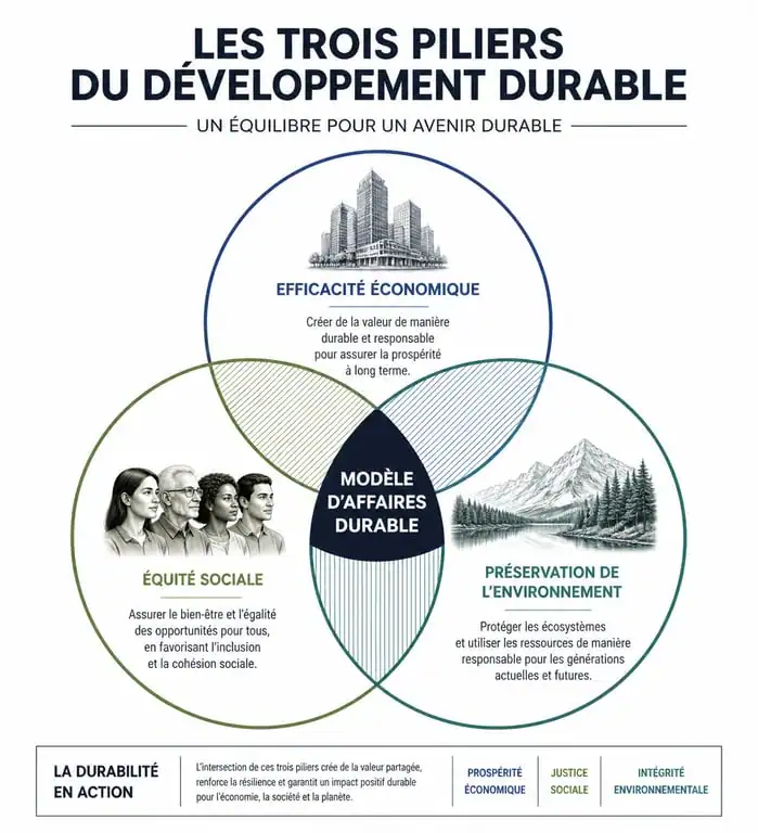 Infographie des trois piliers de l'entreprise du développement durable : économie, social et environnement