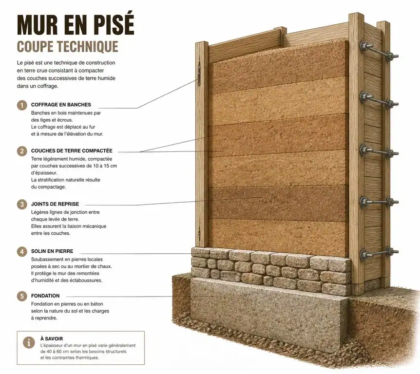 Schéma technique de la structure d'un mur en pisé avec solin et banches