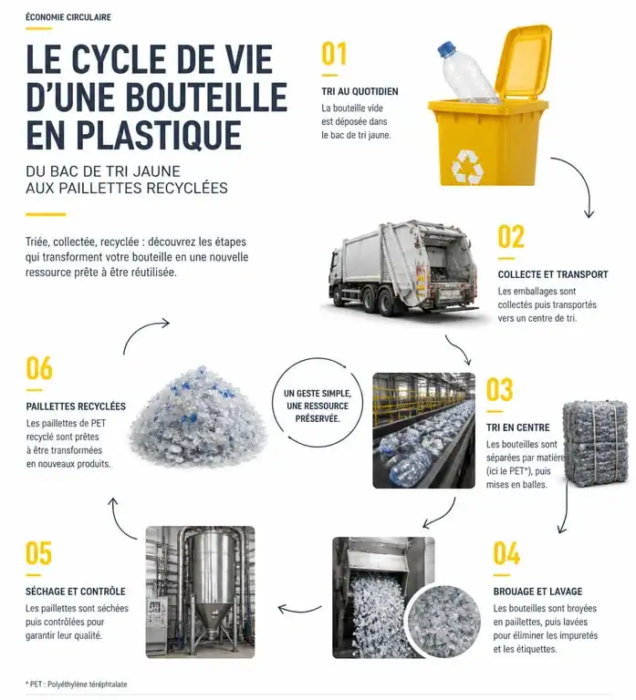 Infographie du parcours de recyclage d'une bouteille en plastique pour le tri des bouteilles