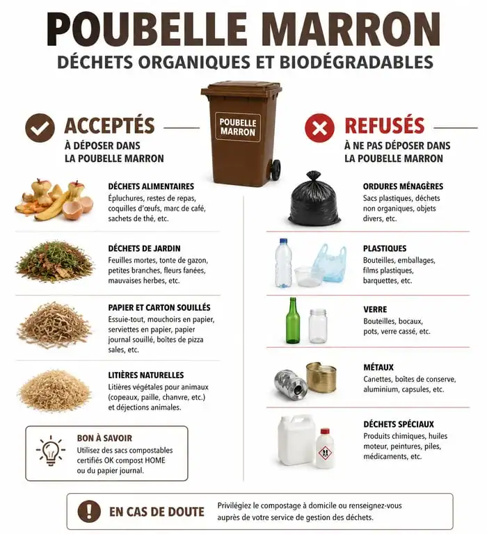 Infographie récapitulative des déchets acceptés et refusés dans la poubelle marron pour le tri des biodéchets