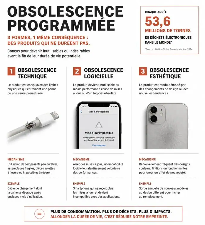 Infographie explicative des trois types d'obsolescence programmée : technique, logicielle et esthétique