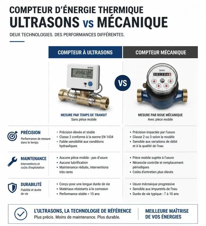 Comparatif technique des compteurs d'énergie thermique : ultrasons vs mécanique
