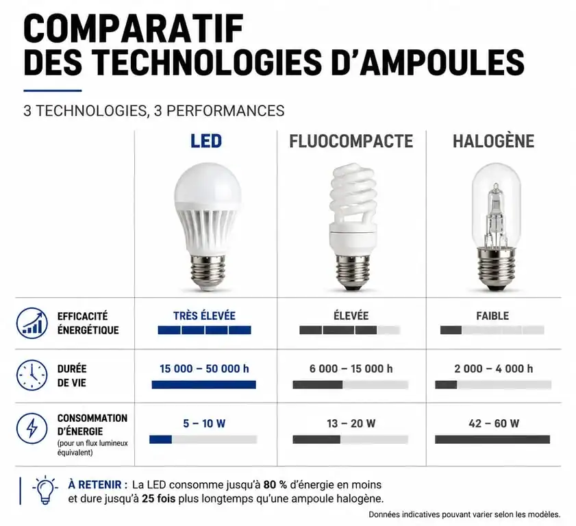 Infographie comparative des ampoules économiques LED, fluocompacte et halogène