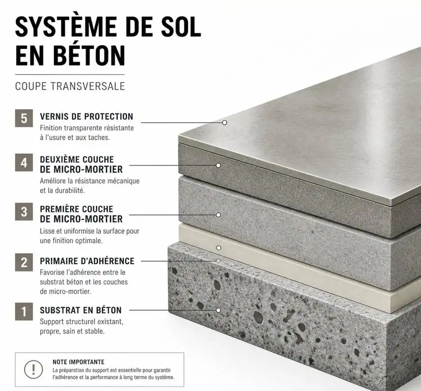 Schéma en coupe des couches d'un béton ciré : support, primaire, micro-mortier et vernis de finition