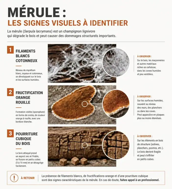 Signes visuels de la mérule : filaments, fructification et pourriture cubique