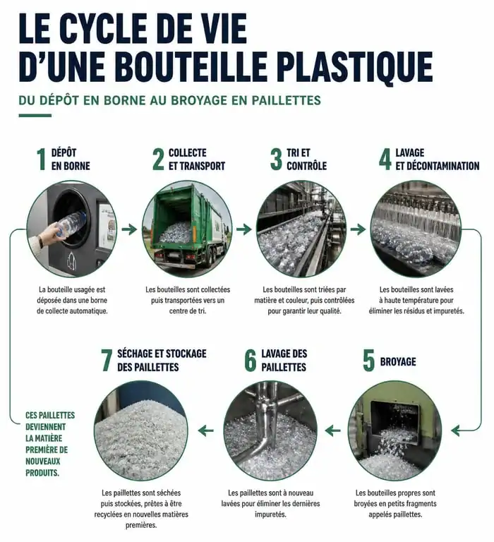 Infographie du processus de recyclage des bouteilles en plastique en France