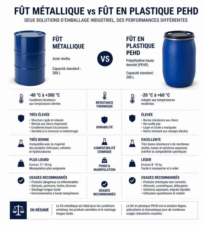 Infographie comparative : fût métallique vs fût plastique pour le bricolage et l'upcycling