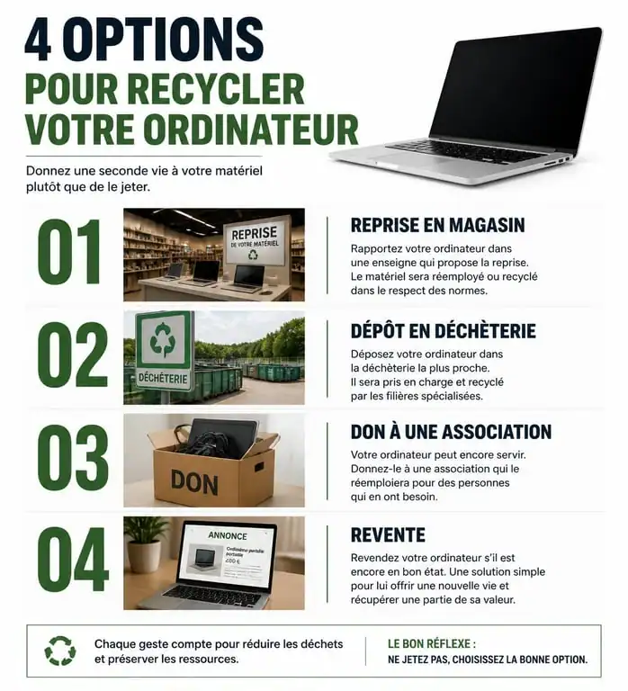 Infographie des solutions pour savoir où jeter son ordinateur : recyclage, don et reprise en magasin.