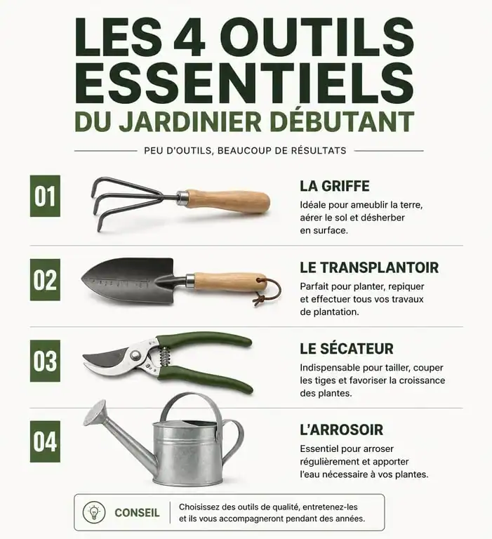 Les 4 outils essentiels pour devenir un jardinier facile et débuter sans effort au jardin.