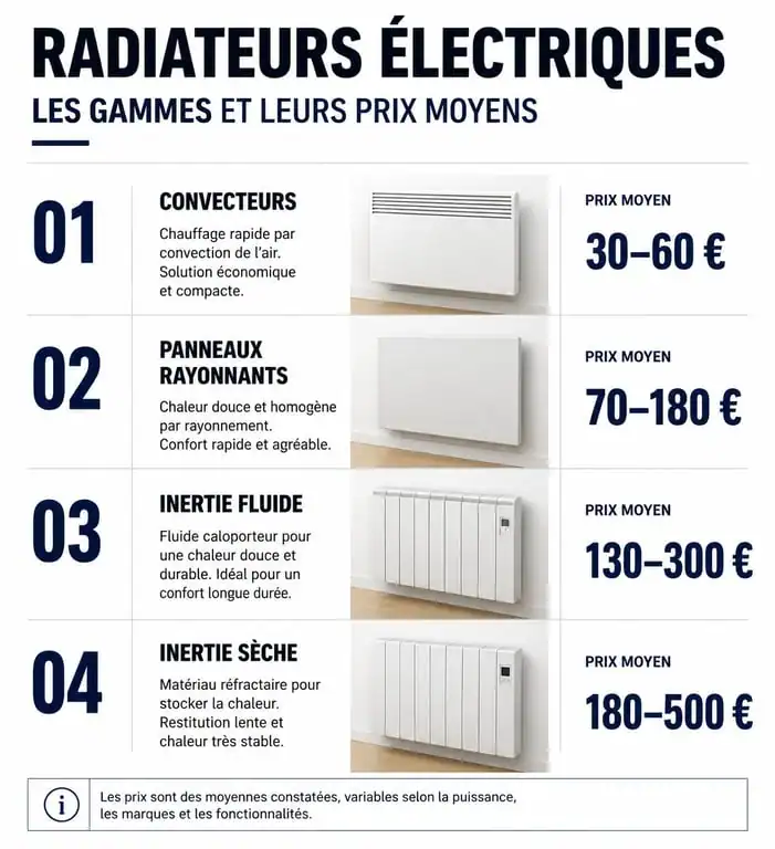 Infographie des prix des radiateurs électriques chez E.Leclerc par technologie