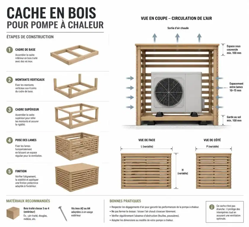 Schéma de construction d'un cache pompe à chaleur en bois avec ventilation optimisée