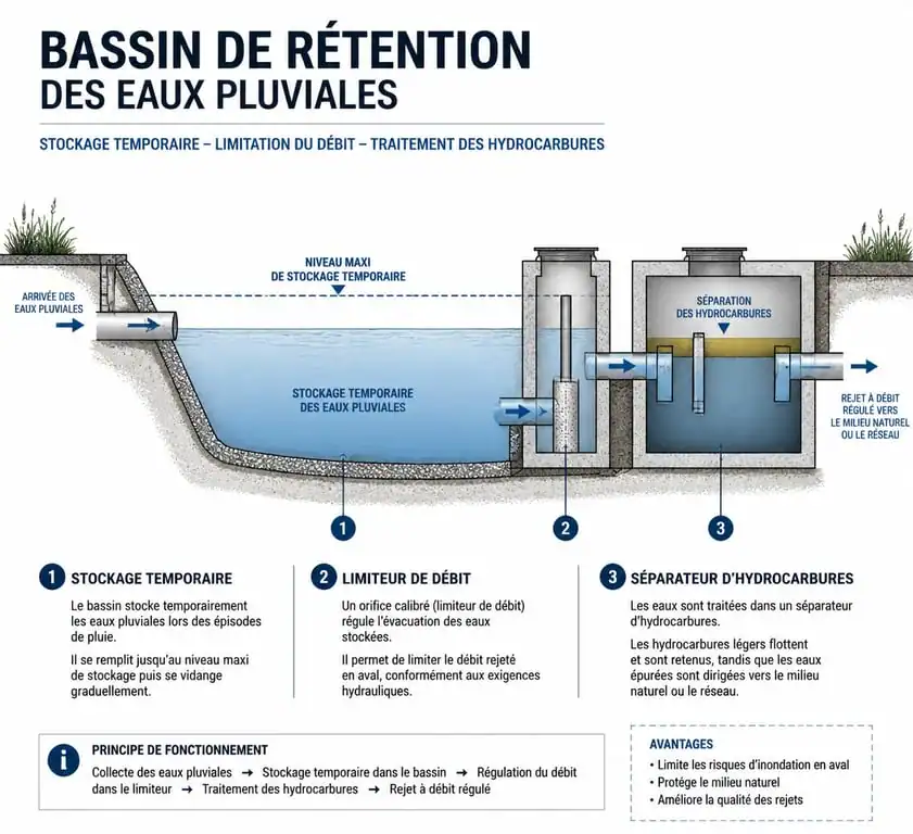 Schéma de fonctionnement d'un bassin de rétention des eaux pluviales