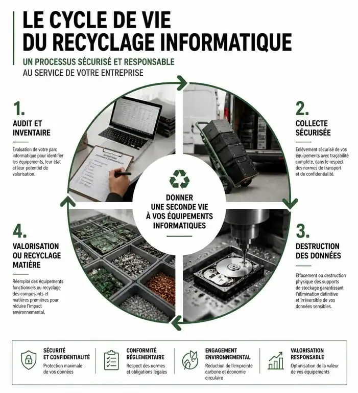 Infographie du cycle de vie du recyclage matériel informatique professionnel en entreprise