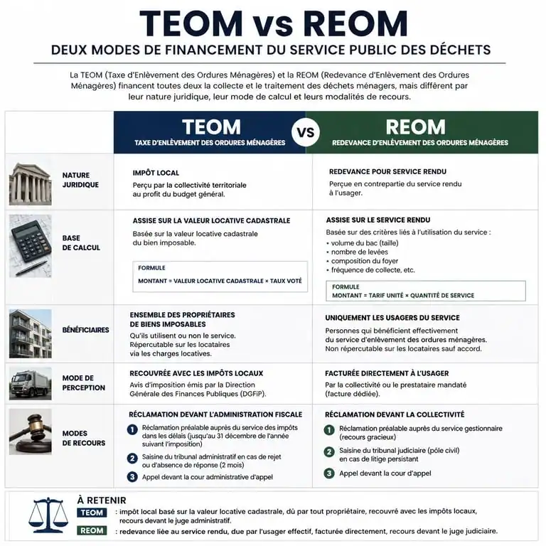 Infographie comparative des différences entre la TEOM et la REOM pour contester sa redevance ordures ménagères