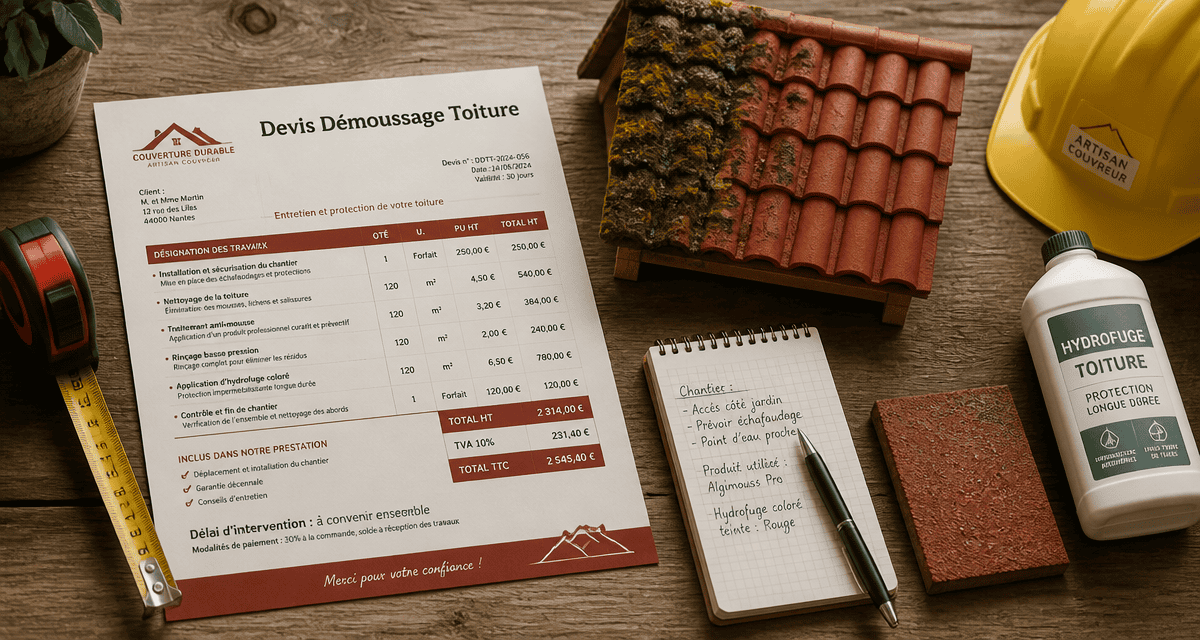 exemple devis démoussage toiture sur bureau artisan