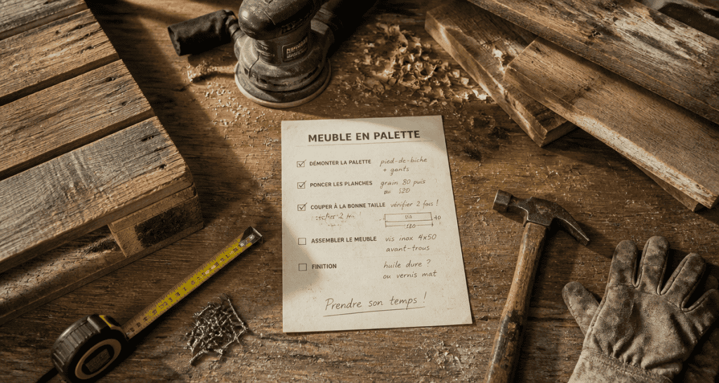 Fabriquer meuble palette outils sur table atelier