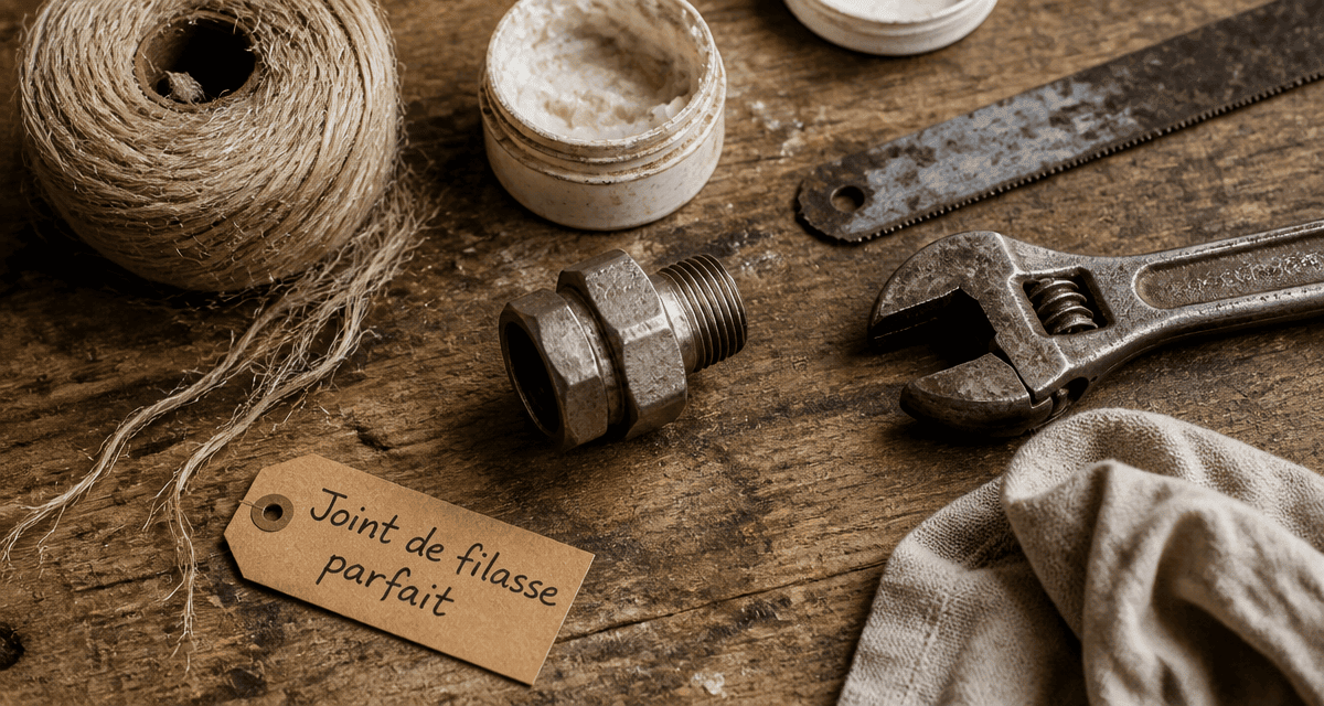 Filasse plomberie, outils et joint sur établi