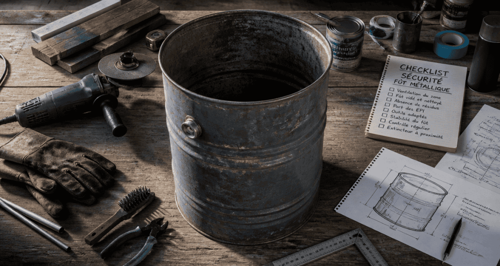 fût métallique gratuit sur table avec outils et checklist sécurité
