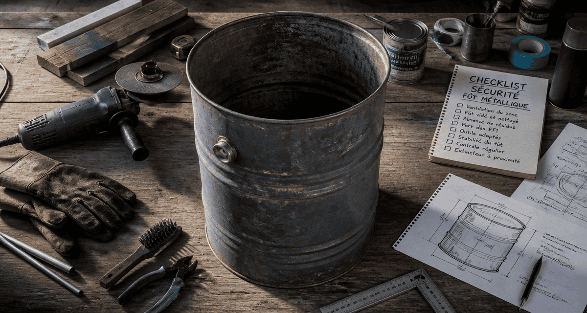 fût métallique gratuit sur table avec outils et checklist sécurité