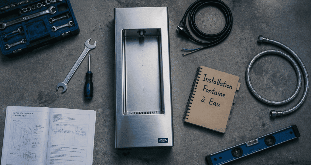 installation fontaine à eau sur plan de travail avec outils