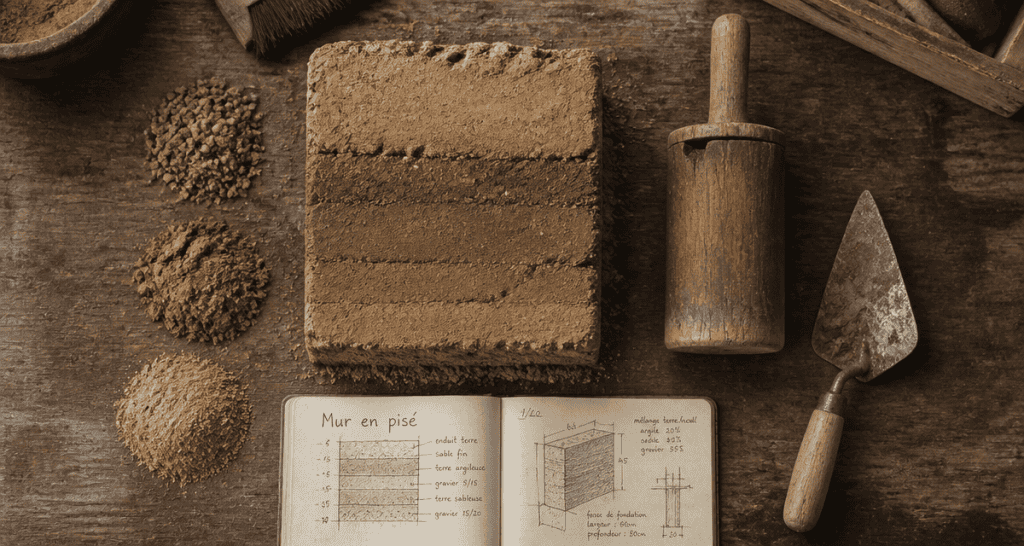 mur en pisé échantillon outils artisan