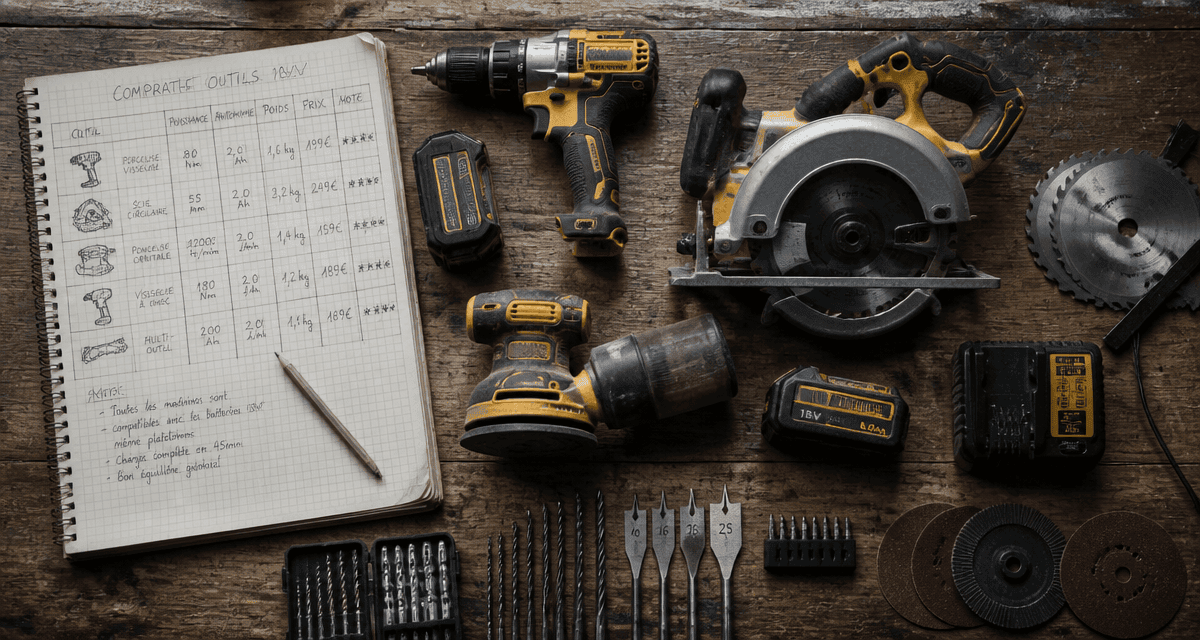 outillage portatif sur établi bois