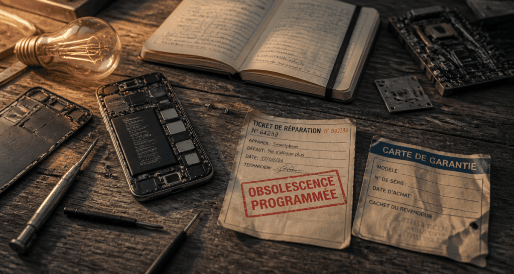 program obsolescence smartphone démonté ampoule